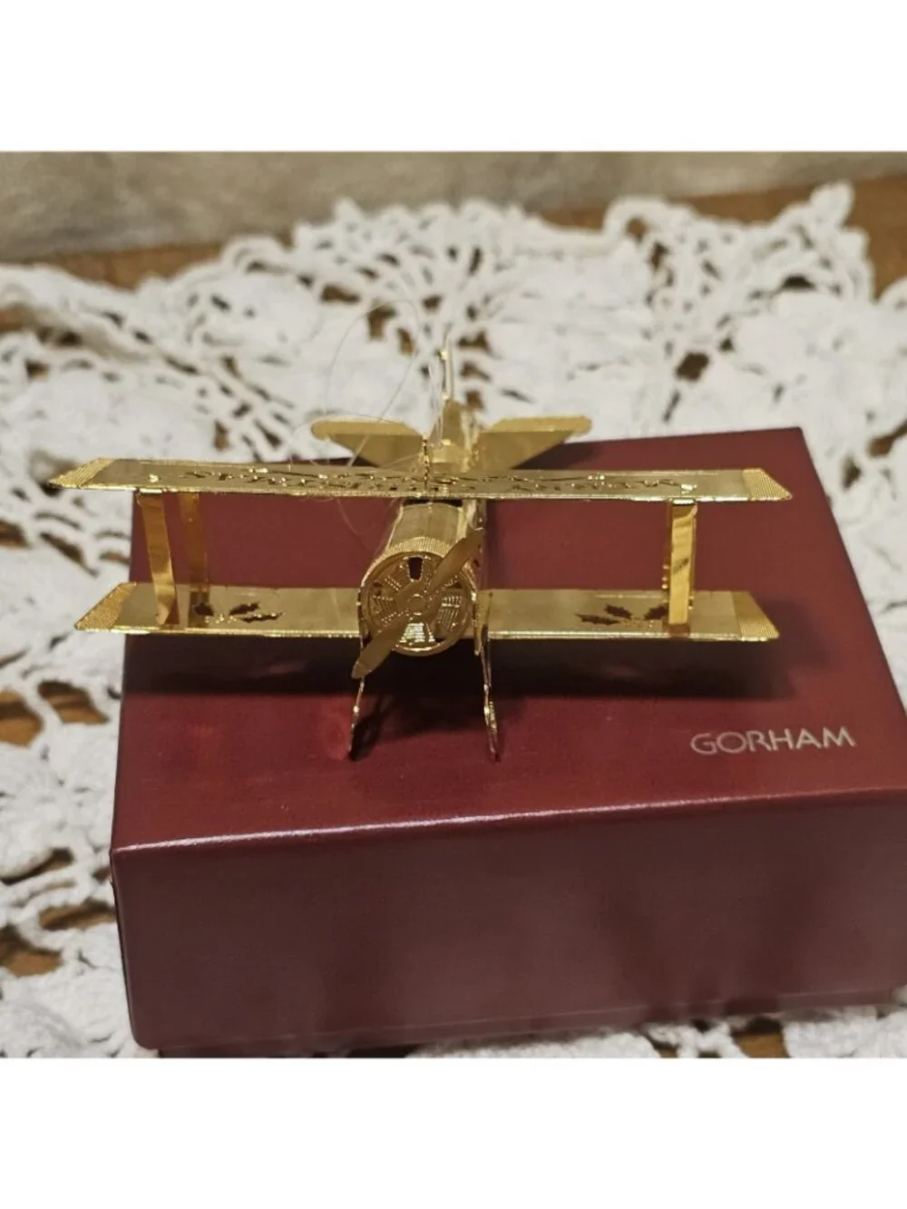 Gorham 3D Gold tone Metal Airplane Laser Cut Out Merry Christmas Boxed